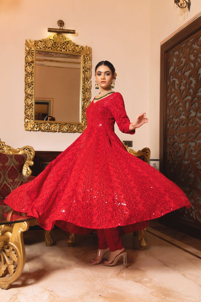 Suvarna anarkali  red suit set